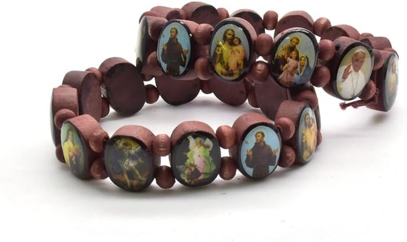 DATOA 4Pcs Wooden Jesus Virgin Mary Bracelet Saints Rosary Stretch Wooden Small Panel Bracelet Religious Saints Jesus Gift - Image 2